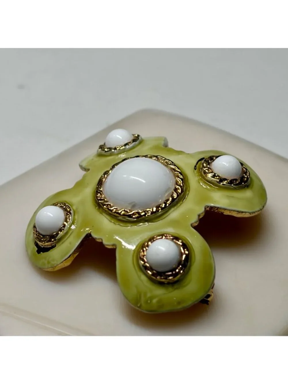 Hobe Gold-Plated Green Enamel Brooch With White Cabochons 2
